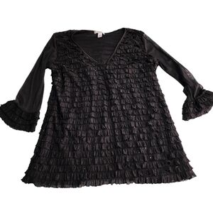 2 for $10 Dressbarn blouse, black, sparkly, ruffled sleeves, stretch chest.
